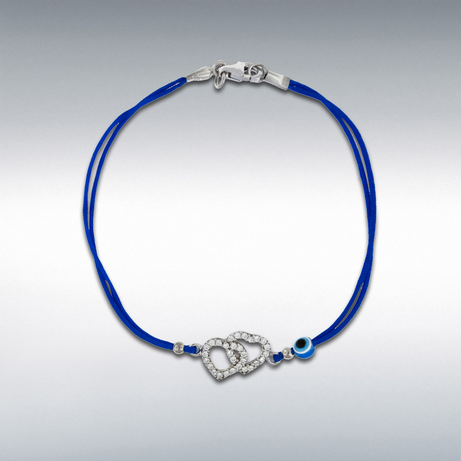 Sterling Silver White CZ 12mm x 10.5mm Double-Heart and Bead Blue Cord Bracelet 18cm/7