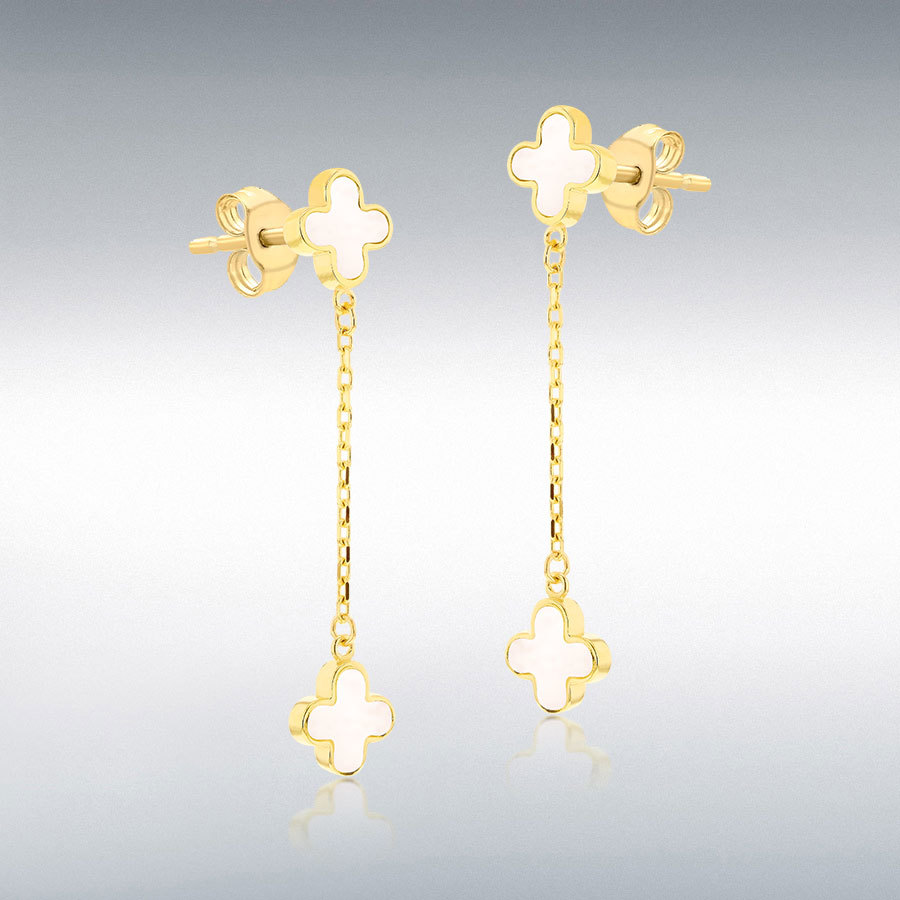 18ct Yellow Gold 6.75mm x 35mm Mother of Pearl Clover Petals Drop Stud Earrings