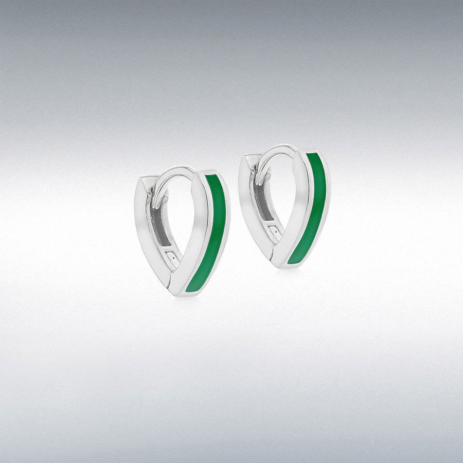 Sterling Silver Rhodium Plated Green Enamel V-Shape Huggie Hoop Earrings