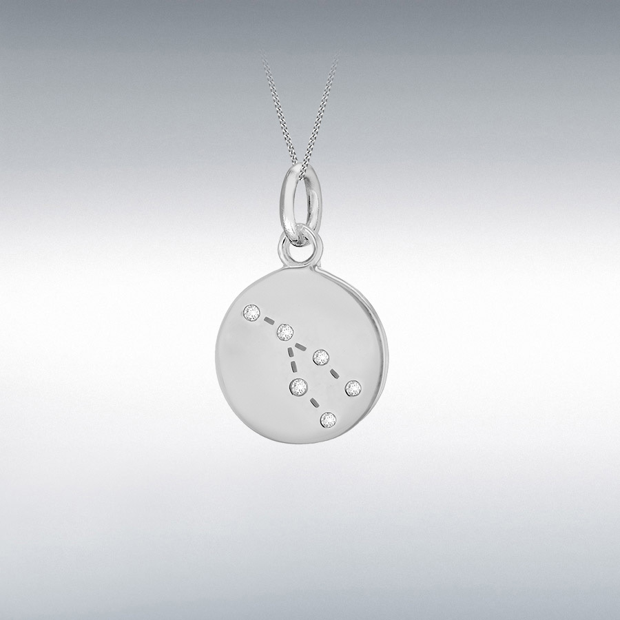 Sterling Silver Rhodium Plated CZ 12mm x 18.5mm Taurus Constellation Disc Pendant