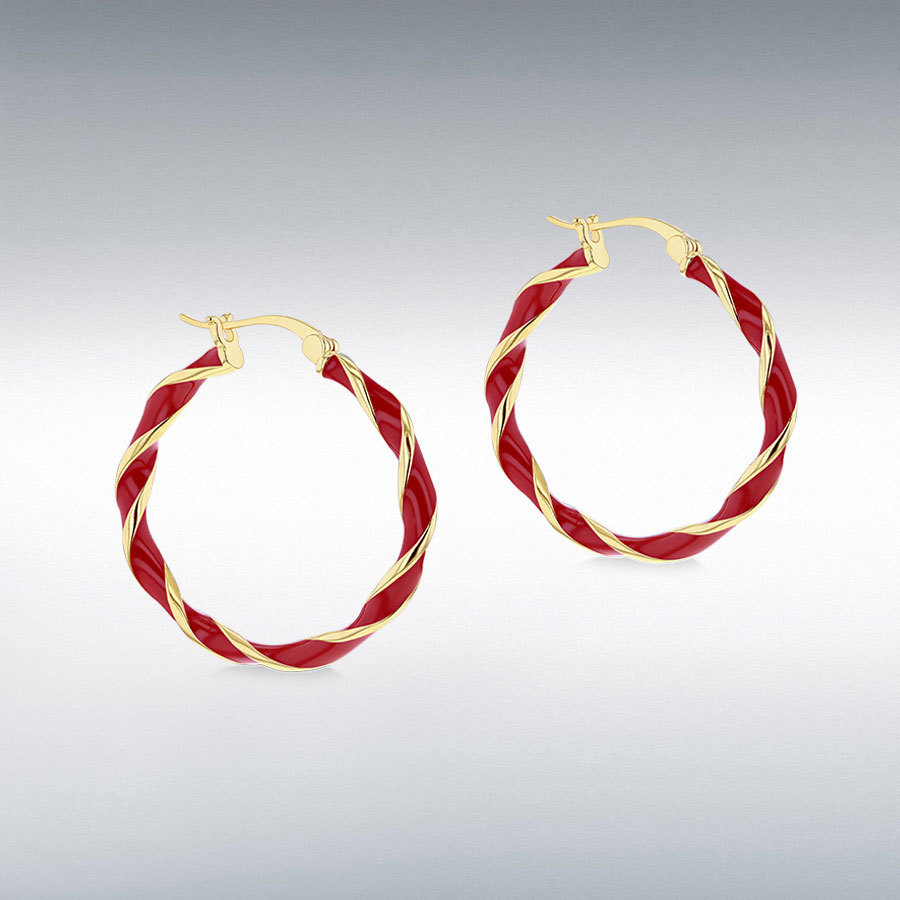 Sterling Silver Yellow Gold Plated 31mm Red Enamel Large Twister Hoop Creole Earrings