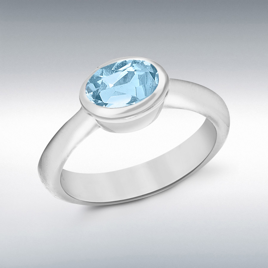 Sterling Silver Blue Oval CZ Solitaire Tapered-Shoulder Ring