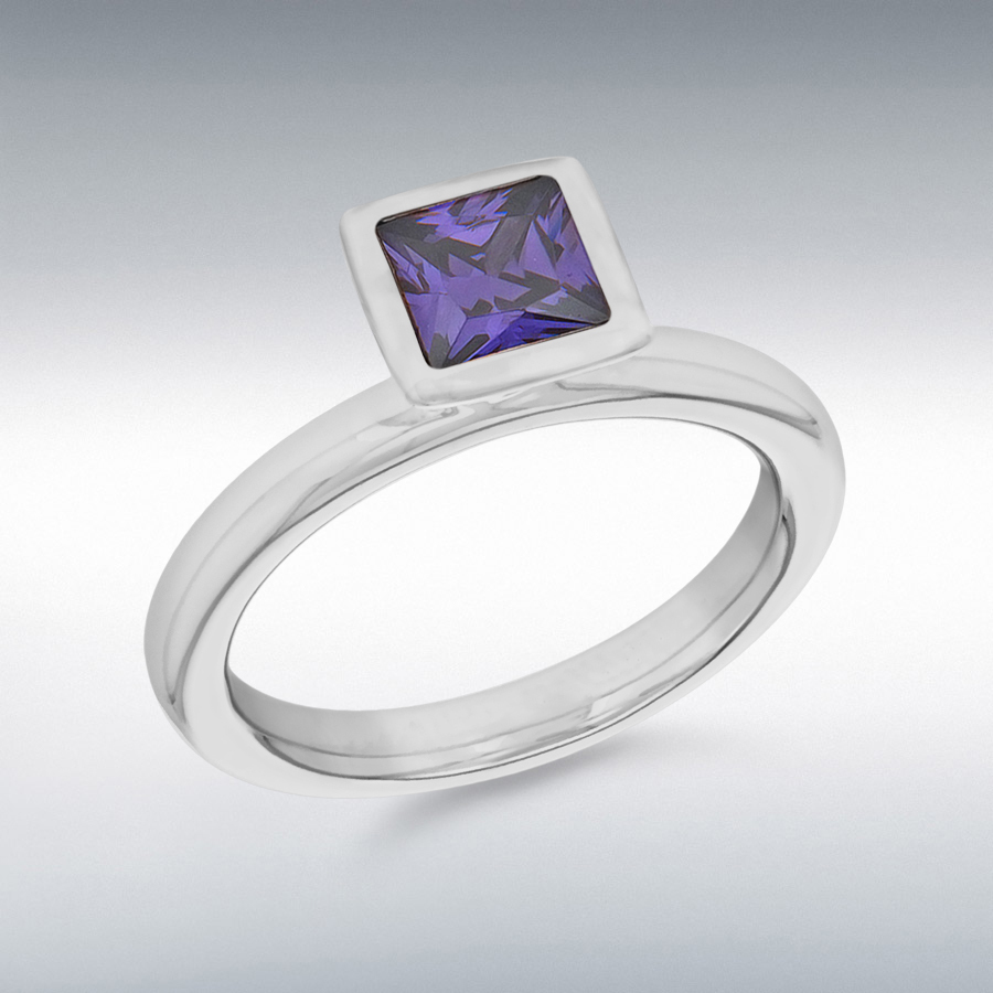 Sterling Silver Rhodium Plated Square Purple CZ Stacking Ring