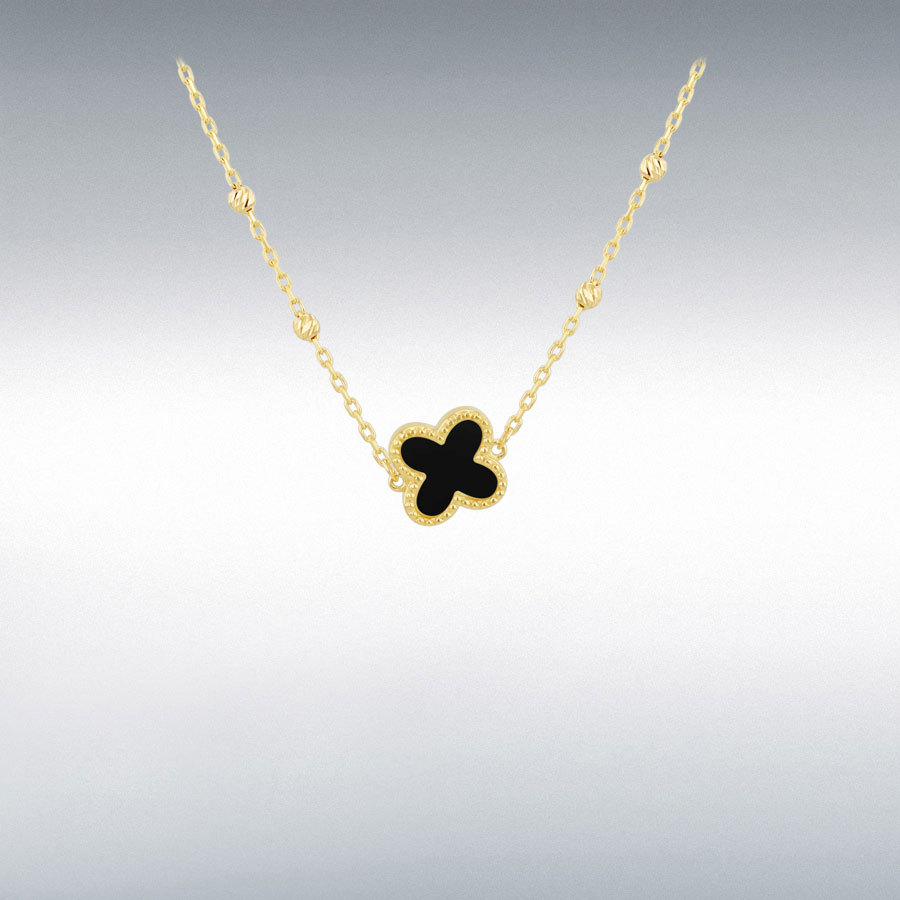 9ct Yellow Gold 9.5mm Black Onyx Clover DC Ball Necklet 41cm/16" -43cm/17"