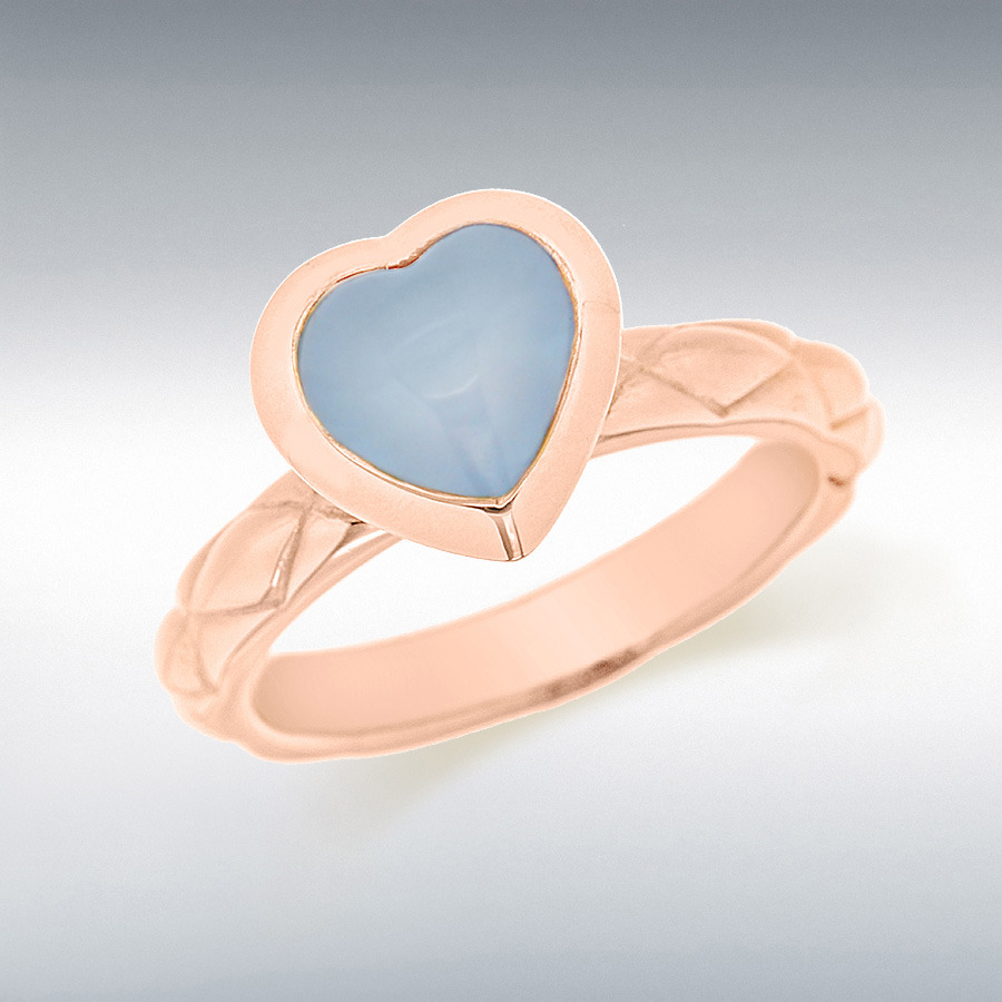 Sterling Silver Rose Gold Plated Blue Opaque Glass Heart Patterned Stacking Ring