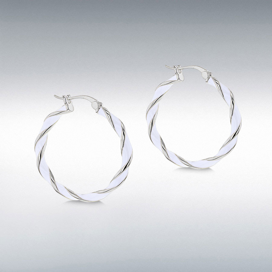 Sterling Silver RhodiumPlated 31mm White Enamel Large Twister Hoop Creole Earrings