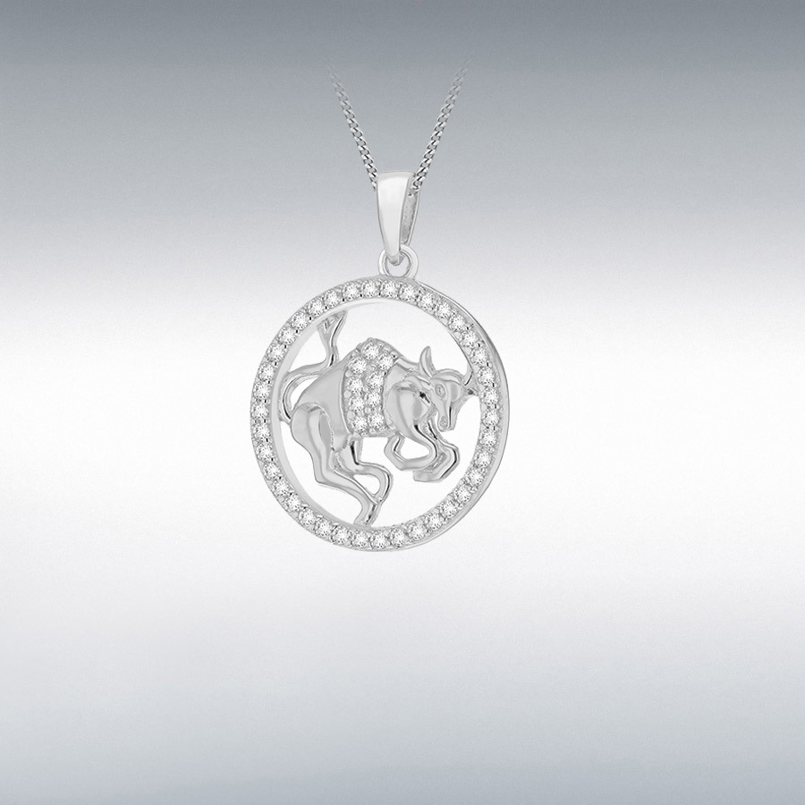 Sterling Silver Rhodium Plated CZ 19.3mm x 26.5mm Taurus Zodiac Round Pendant