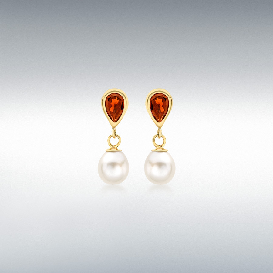 9ct Yellow Gold Garnet and Freshwater Pearl 5mm x 17mm Drop Earrings   