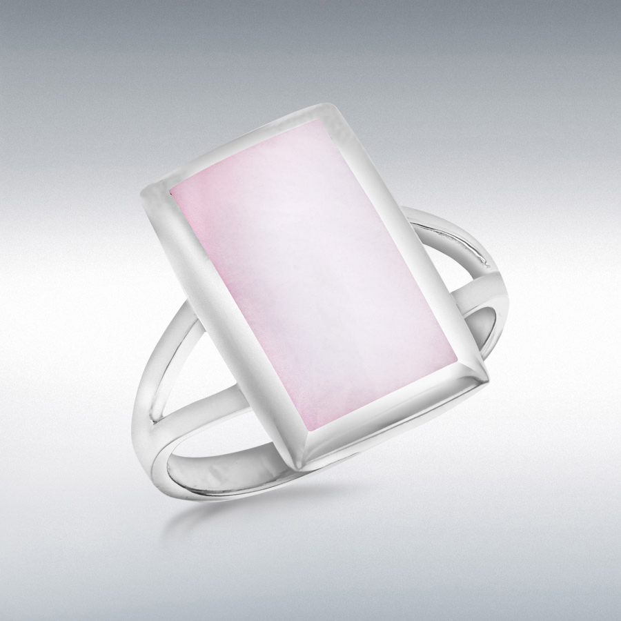 Sterling Silver Pink Mother of Pearl 12mm x 18.5mm Rectangular Split-Shoulder Ring