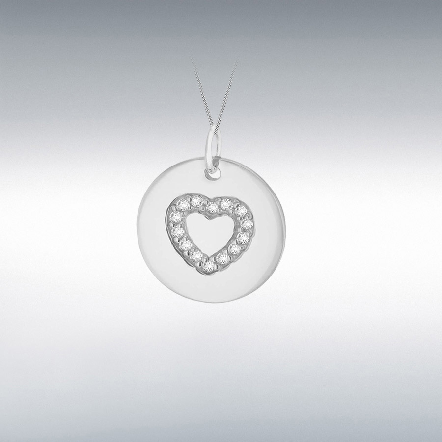 Sterling Silver Rhodium Plated CZ 15mm x 18mm Heart Disc Pendant