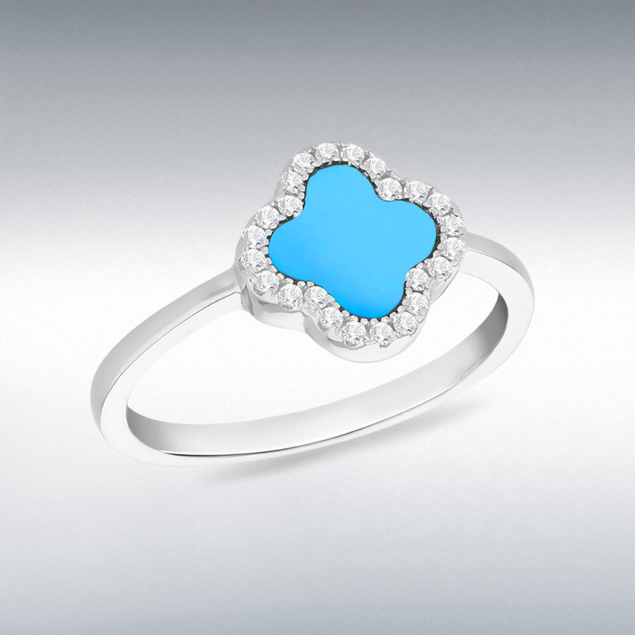 Sterling Silver Rhodium Plated 11mm Clover Syn Turquoise and 1.1mm White CZ Ring