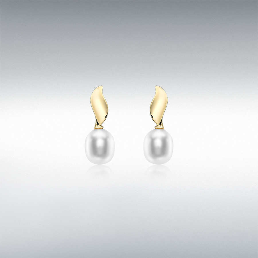 9ct Yellow Gold 6.5mm x 7.5mm Freshwater Pearl and Curved Ellipse 6.5mm x 15mm Stud Earrings