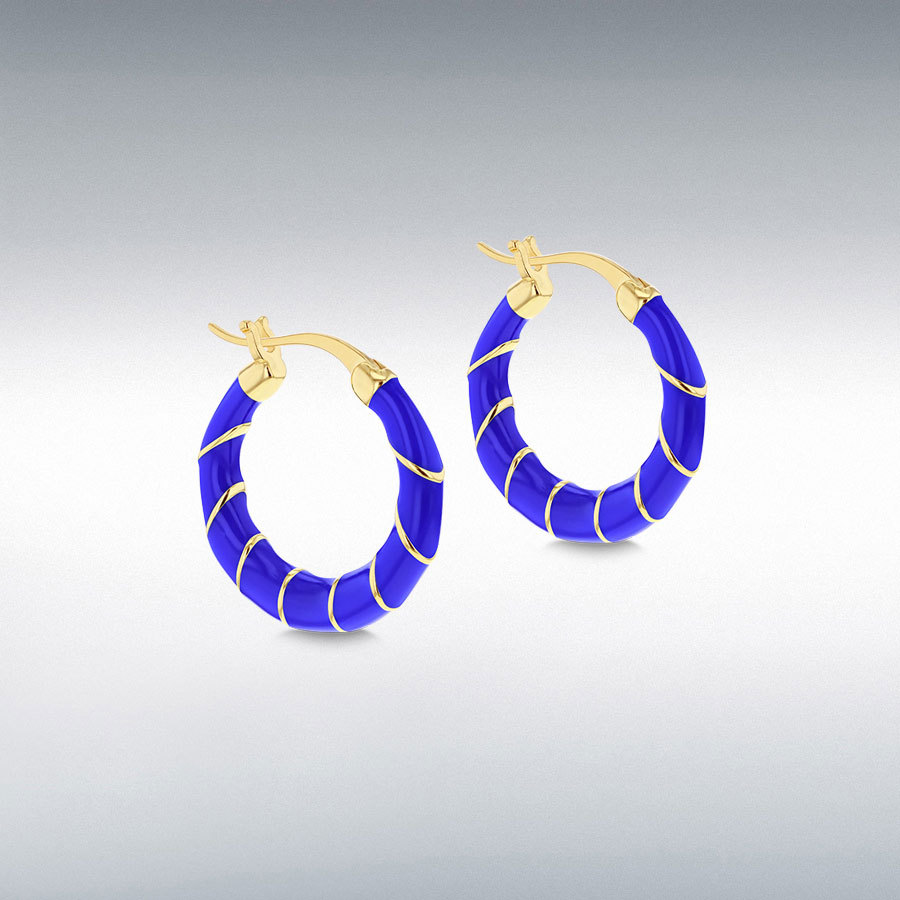 Sterling Silver Yellow Gold Plated 20mm Blue Enamel Small Twister Hoop Creole Earrings