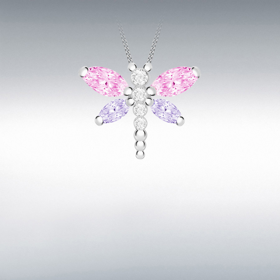 Sterling Silver Pink Purple and White CZ 20mm x 15mm Dragonfly Pendant