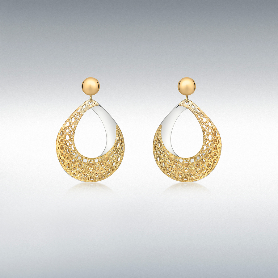 9ct 2-Colour Gold 18.5mm x 29mm Teardrop Fretwork Drop Earrings