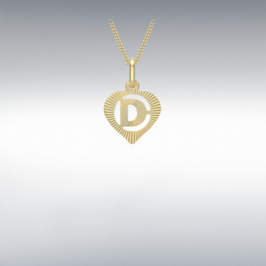 9ct Yellow Gold 10.5mm x 16.5mm Diamond Cut 'D' Initial Heart Pendant