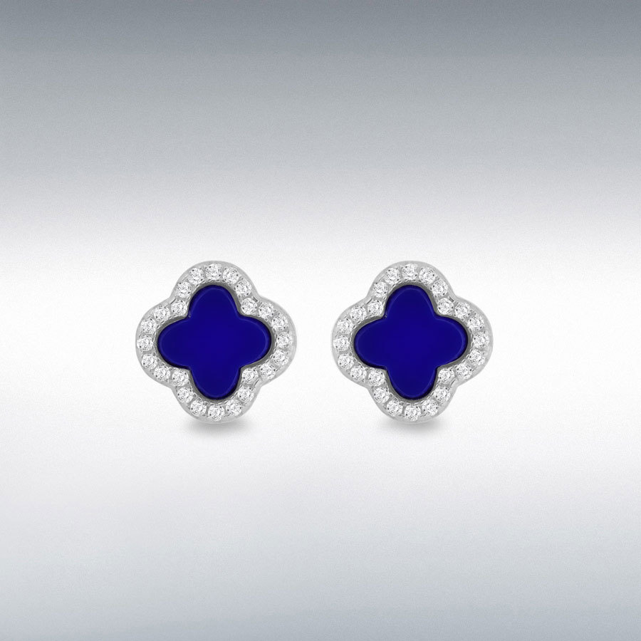 Sterling Silver Rhodium Plated 11mm Clover Syn Blue Lazurite and 1.1mm White CZ Stud Earring