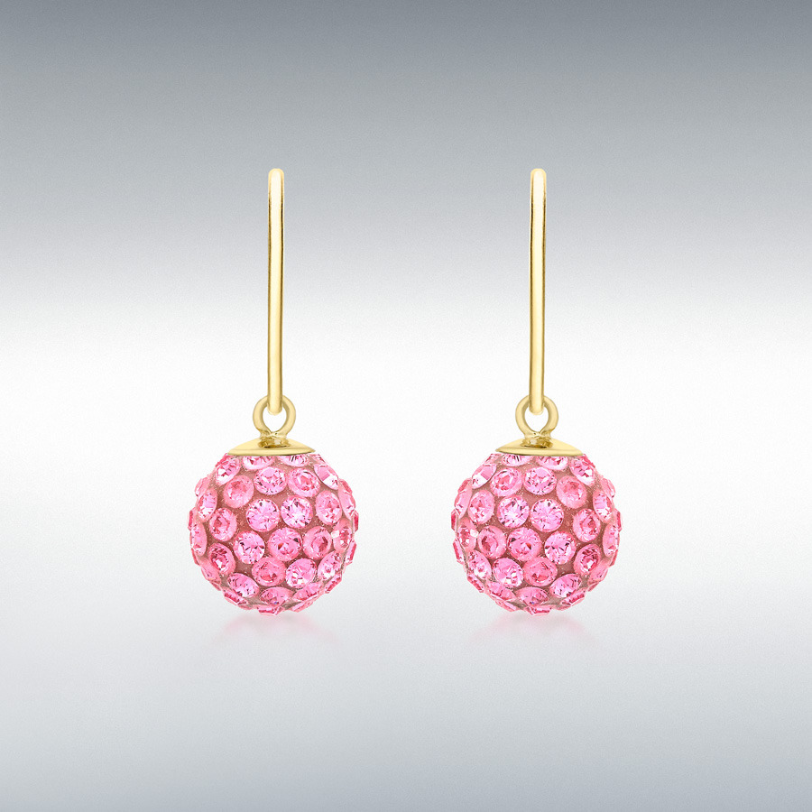 9ct Yellow Gold Pink Crystalique 7mm x 17mm Ball Drop Earrings