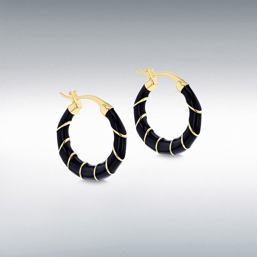 Sterling Silver Yellow Gold Plated 20mm Black Enamel Small Twister Hoop Creole Earrings