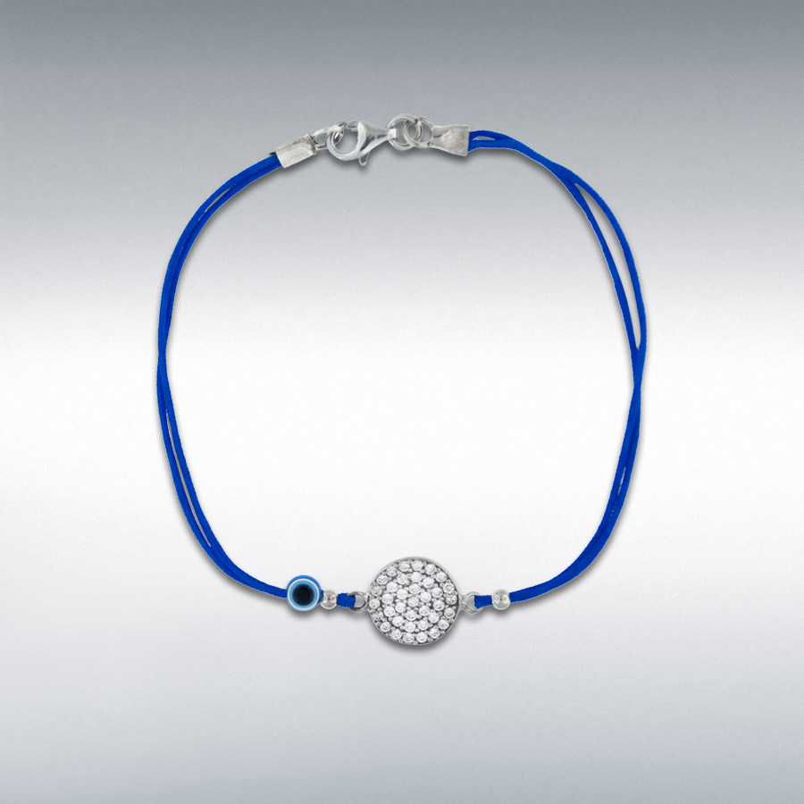 Sterling Silver White CZ 10mm Disc and Bead Blue Cord Bracelet 18cm/7