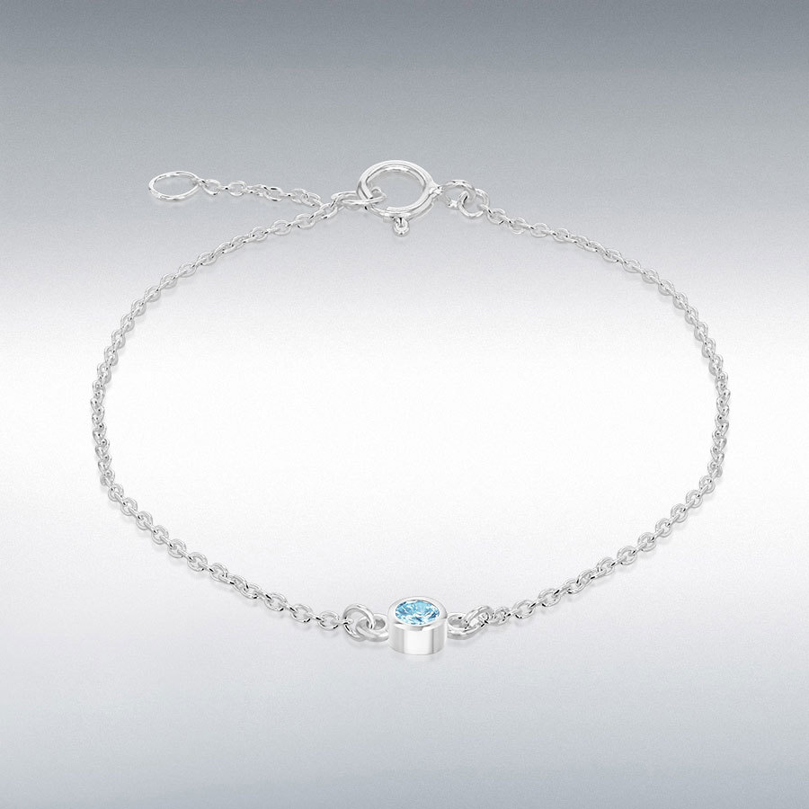 Sterling Silver Aqua 3mm CZ March Birthstone Adjustable Bracelet 16cm/6.25"-18cm/7"